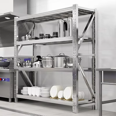 Stainless Steel Kitchen Cabinets With Shelves Holding Plates And Cookware 3d model