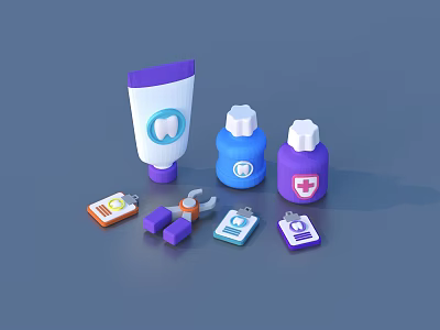 Colorful Oral Care Products Including Purple Toothpaste Blue Mouthwash And White Labels With Tooth Icons 3d model
