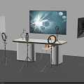Modern Television Display On White Table With Photography Lights And Microphone Setup