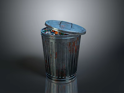 Metal Trash Can With Lid Filled With Garbage And Rusty Surface 3d model