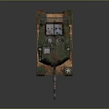 Military Tank With Green Brown Camouflage Rusty Body Striped Barrel And Antennas