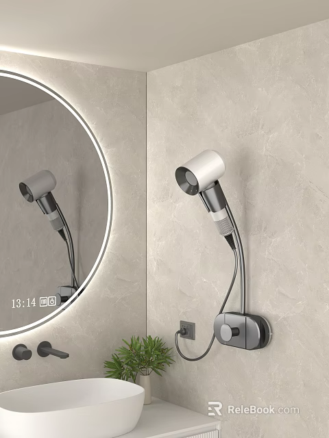 Wall Mounted Hair Dryer in Bathroom with Round Illuminated Mirror and Marble Wall 3d model 