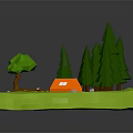 Cartoon Forest Scene With Green Pine Trees Orange Leaf Tree Small River Campfire And Stones