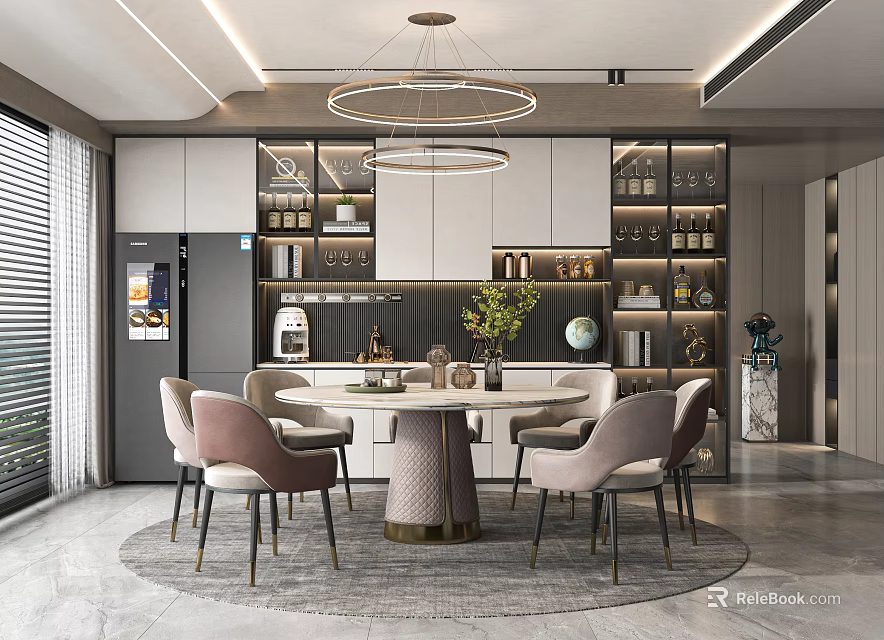 Elegant Modern Restaurant Interior With Round Dining Table Pendant Lights And Wine Cabinet 3d model 