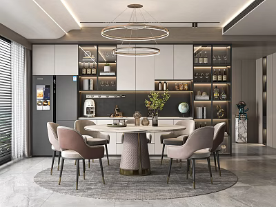 Elegant Modern Restaurant Interior With Round Dining Table Pendant Lights And Wine Cabinet 3d model