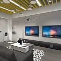 Modern Showroom Interior With White Tables TV Screens Sofa And Yellow Ceiling