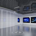 Tech Inspired Exhibition Hall Interior Featuring Blue Large Screen Curved Ceiling and Circular Floor Lines