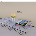 Poliform Modern Transparent Glass Coffee Table With Geometric Metal Frame Yellow Tulips And Magazine
