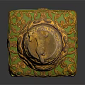 Green Square Shaped Ornamental Jar With Golden Patterns And Animal Figurine Lid