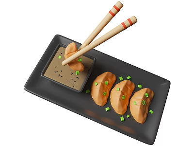 Pan Fried Dumplings Topped with Green Onions on Black Plate with Chopsticks and Dip Sauce 3d model