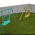 Playground Equipment With Yellow And Green Shell Shaped Swings On Green Grass Under Blue Sky