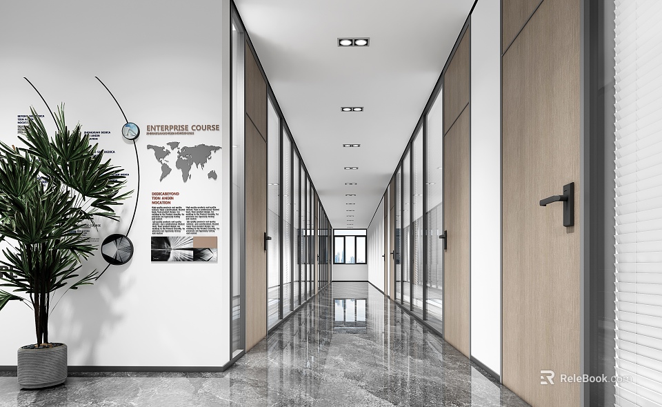 Office Corridor Featuring Glass Partitions Wooden Doors Marble Flooring World Map Green Plant Recessed Lighting 3d model 