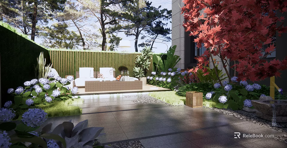 Lush Garden Courtyard With Outdoor Sofa Stone Pathway And Colorful Flowers 3d model 