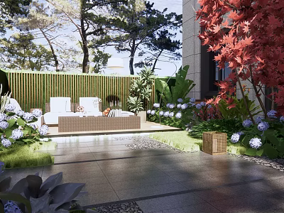 Lush Garden Courtyard With Outdoor Sofa Stone Pathway And Colorful Flowers 3d model
