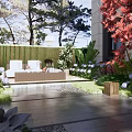 Lush Garden Courtyard With Outdoor Sofa Stone Pathway And Colorful Flowers