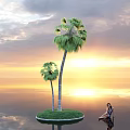 Two Tall Palm Trees Standing On Small Island With Sunset Over Calm Water Reflection