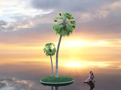 Two Tall Palm Trees Standing On Small Island With Sunset Over Calm Water Reflection 3d model
