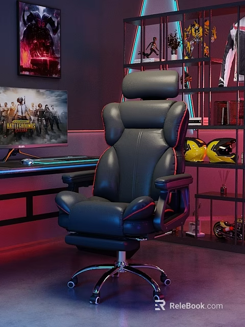 Ergonomic High Back Office Chair with Black Leather Red Stitching and Neon Gaming Setup Design 3d model 