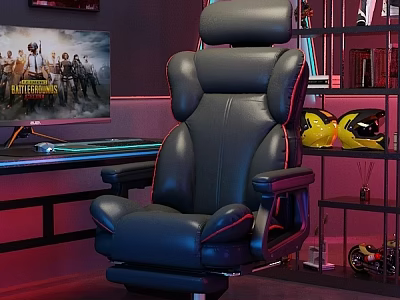 Ergonomic High Back Office Chair with Black Leather Red Stitching and Neon Gaming Setup Design 3d model