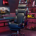 Ergonomic High Back Office Chair with Black Leather Red Stitching and Neon Gaming Setup Design
