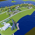 Scenic Park Landscape With Green Lawns Winding Paths Trees And Water View