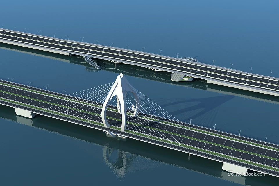 Modern Cable Stayed Bridge With Dual Lane Over Blue Water And Reflection 3d model 