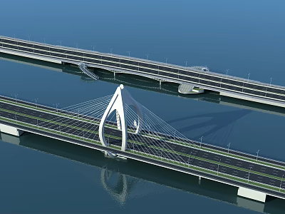 Modern Cable Stayed Bridge With Dual Lane Over Blue Water And Reflection 3d model