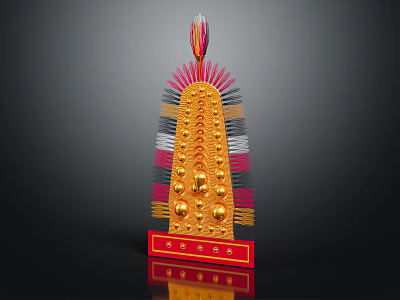 Decorative Ornament Set With Golden Spherical Accents Red Base And Colorful Striped Details 3d model