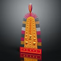 Decorative Ornament Set With Golden Spherical Accents Red Base And Colorful Striped Details