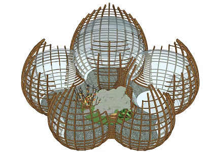 Lotus Shaped Wooden House Featuring Circular Frames Green Plants and Gravel Ground 3d model