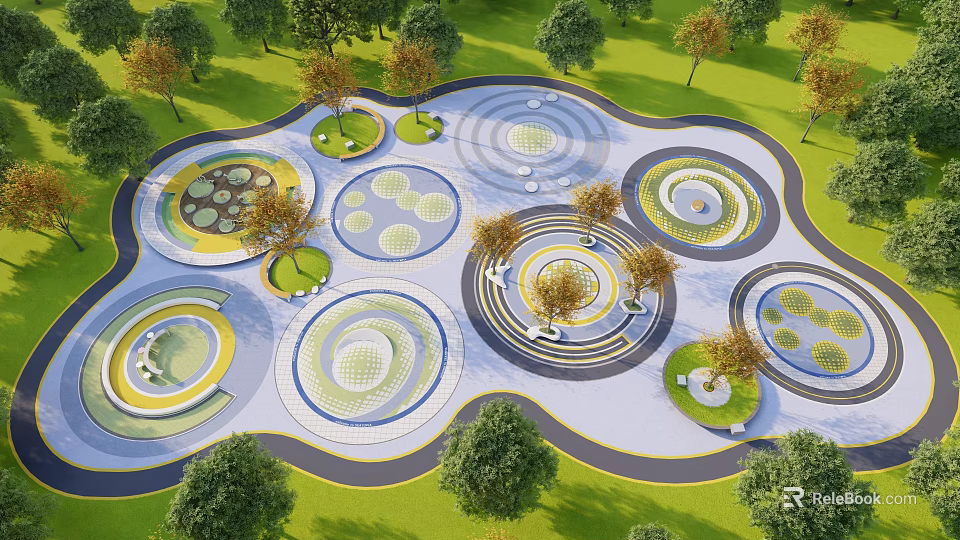 Landscape Seats In Outdoor Park With Circular Design Green Lawns And Trees 3d model 