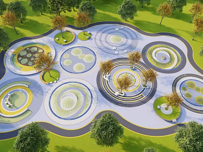 Landscape Seats In Outdoor Park With Circular Design Green Lawns And Trees 3d model