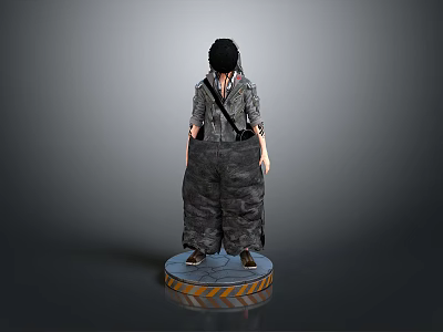 3D Character Model Standing Pose With Black Hair Gray Overalls And Yellow Warning Stripes Base 3d model