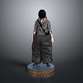 3D Character Model Standing Pose With Black Hair Gray Overalls And Yellow Warning Stripes Base