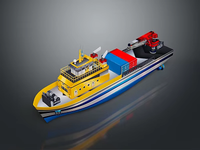 Yellow Cargo Boat with Red Crane Blue Red Containers and Blue White Stripes 3d model