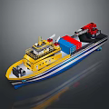 Yellow Cargo Boat with Red Crane Blue Red Containers and Blue White Stripes