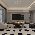 Modern Living And Dining Room Interior With Sofa Dining Table Floor Lamp And Fireplace
