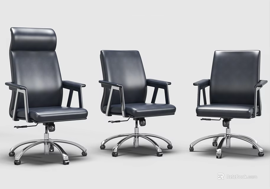 Three Black Leather Office Chairs With Modern Design And Metal Swivel Wheels 3d model 