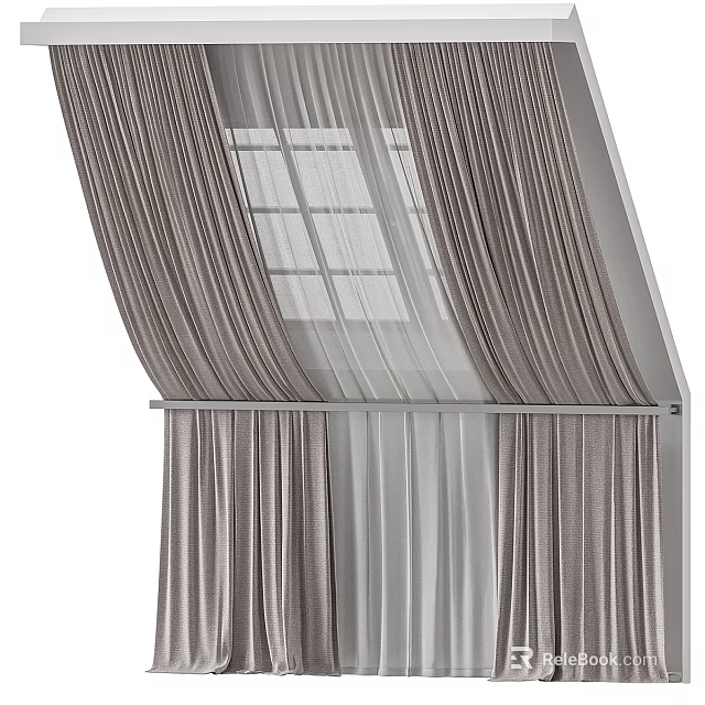 Modern Double Layer Gray Curtains With Sheer Panels For Sloped Grid Window 3d model 