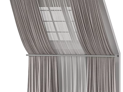 Modern Double Layer Gray Curtains With Sheer Panels For Sloped Grid Window 3d model