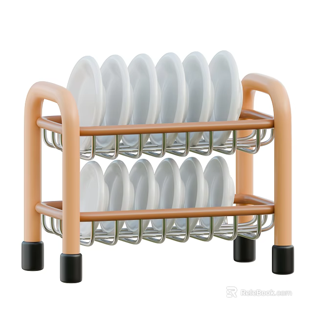 Two Tier Kitchen Dish Rack with Orange Frame Black Feet Organizing White Plates and Bowls 3d model 
