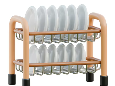 Two Tier Kitchen Dish Rack with Orange Frame Black Feet Organizing White Plates and Bowls 3d model