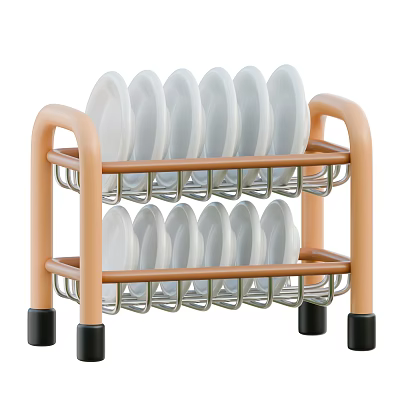 Two Tier Kitchen Dish Rack with Orange Frame Black Feet Organizing White Plates and Bowls 3d model