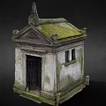Ancient Mausoleum Structure With Moss Covered Roof Weathered Walls Cross At Entrance And Fallen Leaves
