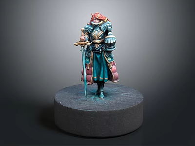 Game Movie Character Armored Figure With Red Headdress Blue Robe Holding Sword Shield Round Base 3d model
