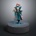 Game Movie Character Armored Figure With Red Headdress Blue Robe Holding Sword Shield Round Base