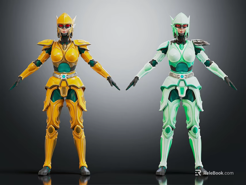 Two Stylish Armored Characters In Yellow And Green Armor With Helmet And Detailed Design 3d model 