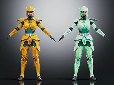 Two Stylish Armored Characters In Yellow And Green Armor With Helmet And Detailed Design 3d model