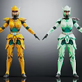 Two Stylish Armored Characters In Yellow And Green Armor With Helmet And Detailed Design
