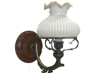 Vintage Style Wall Sconce With White Ribbed Ceramic Lampshade Gold Rim And Dark Metal Base 3d model